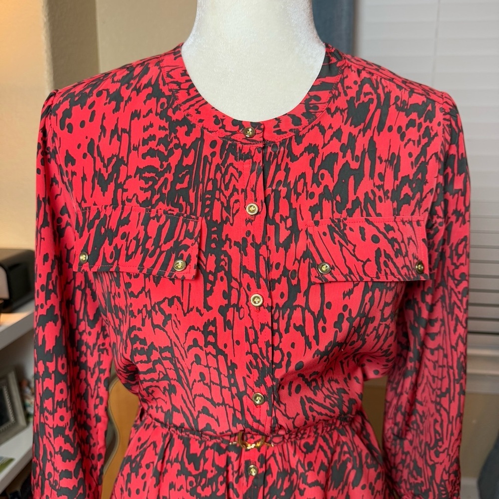 Yoana Baraschi Red and Black Patterned Shirtdress with Belt and Pockets Sz 0 - Picture 5 of 10